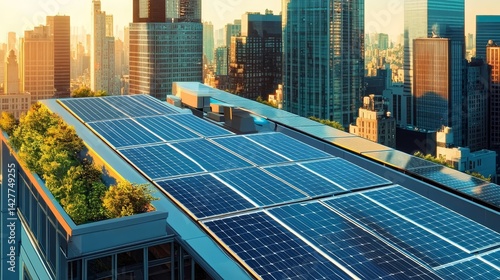 Obraz na płótnie Urban Rooftop Solar Panel Installation Sustainable Cityscape, Green Energy, High-Angle View, Solar Power, City, Renewable Energy Solar Energy, Green Building w salonie