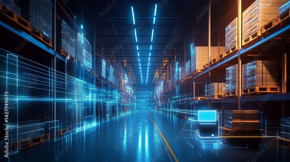 Warehouse Automation Digital Overlay of Smart Logistics, 3D Render, Futuristic Concept, Warehouse Management System Smart Warehouse, Warehouse Technology