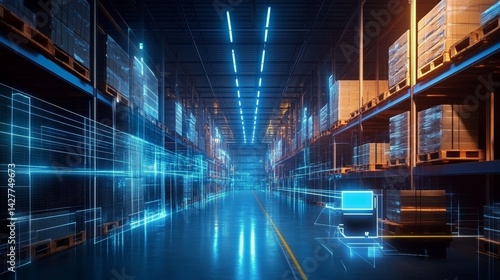 Obraz na płótnie Warehouse Automation Digital Overlay of Smart Logistics, 3D Render, Futuristic Concept, Warehouse Management System Smart Warehouse, Warehouse Technology w salonie