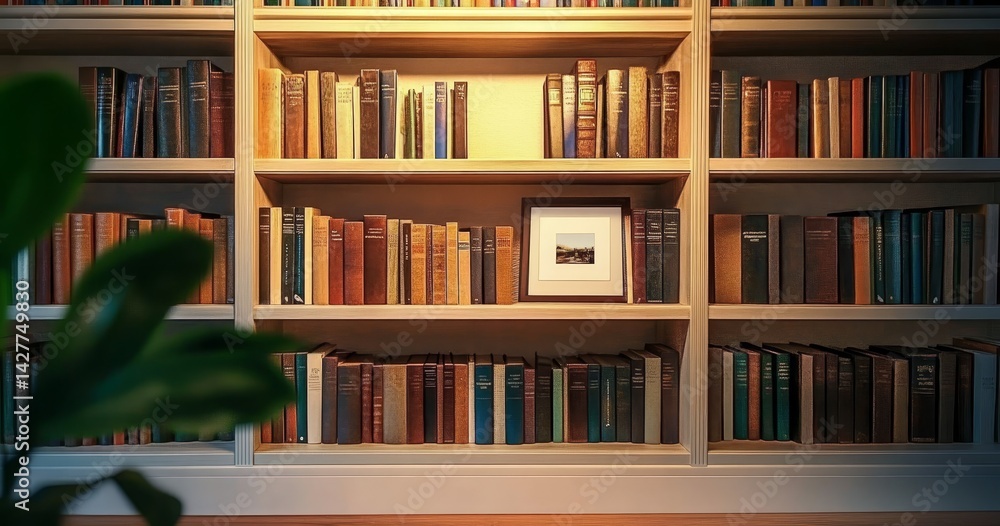 Warm-Lit Bookshelf Composition Vintage Books, Framed Photo, Home Library, Bookshelf Decor, Interior Design Library, Bookshelf