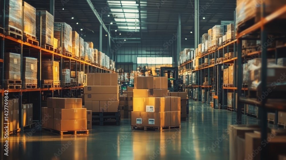 Warehouse Logistics Cardboard Boxes, Pallet Stacks, Industrial Interior, Sunlight, Logistics, Warehouse, Inventory