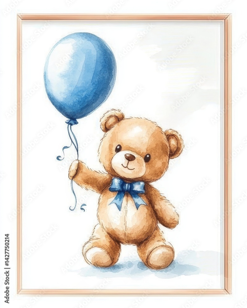 Watercolor Teddy Bear with Balloon Framed Print, Cute Illustration, Nursery Decor, Teddy Bear Art, Balloon Art Teddy Bear, Nursery Art
