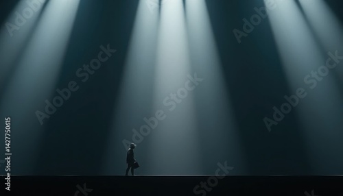 Lone traveler walking under dramatic light beams in vast empty space
