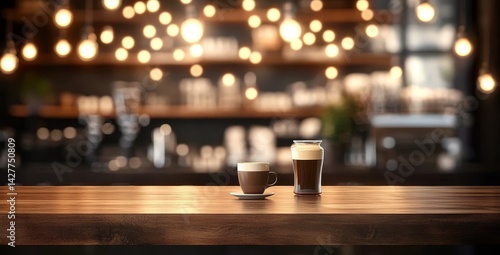 Obraz na płótnie Wooden Table Coffee Bar Cappuccino and Cold Brew, Bokeh Background, Close-up Composition, Coffee Drinks Coffee Shop, Cafe w salonie