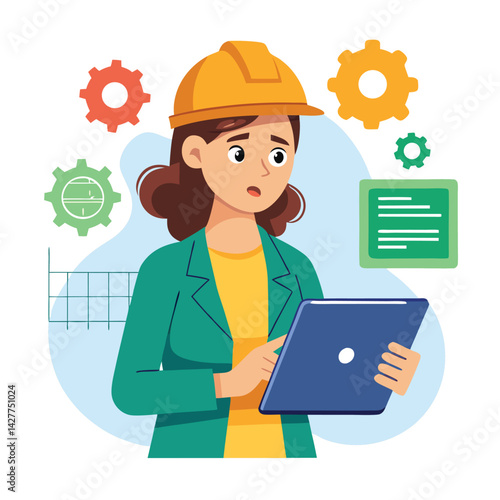 female engineer checks the program and discovers an error. Hand drawn style vector design illustrations vector