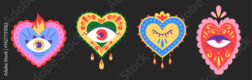Mexican sacred hearts set isolated on black background. Vector cartoon illustration of tattoo love and hope symbols with eye, fire and colorful ornament, hispanic culture stickers, traditional art