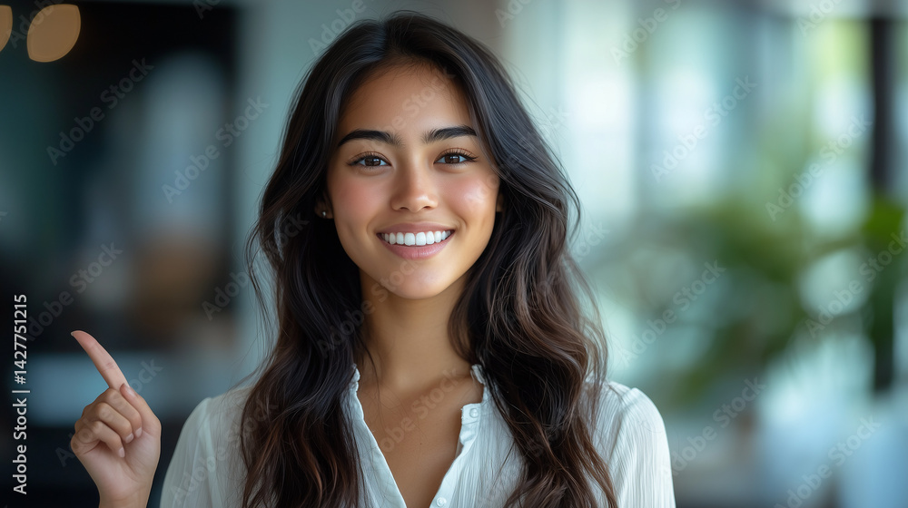 Fototapeta premium 指を上に向ける女性オフィスで笑顔を見せる若い女性のポートレート