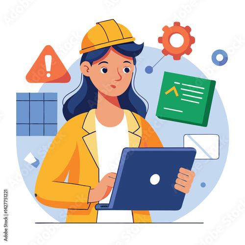 female engineer checks the program and discovers an error. Hand drawn style vector design illustrations vector