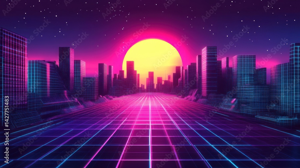Neon city road at sunset Neon city road at sunset