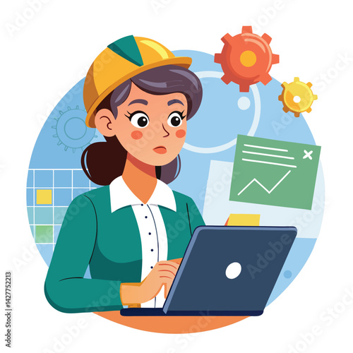 female engineer checks the program and discovers an error. Hand drawn style vector design illustrations vector