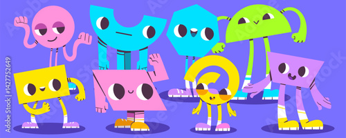 Geometric doodle faces set, colorful cartoon characters. Quirky flat shapes form simplified facial features with circle eyes, rectangle limbs. Simple stylized people illustration for children design.