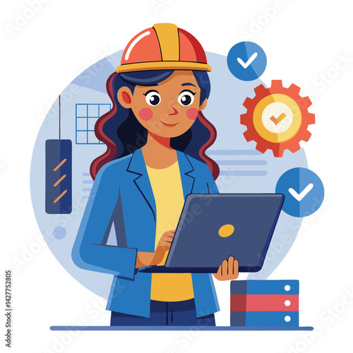 female engineer checks the program and discovers an error. Hand drawn style vector design illustrations vector