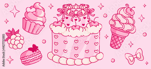 Coquette Y2K aesthetic dessert icons set - cute cupcake with heart decoration, elegant tiered cake decorated with bows, swirly soft serve ice cream cone with cherry on top, macaroon and raspberry.