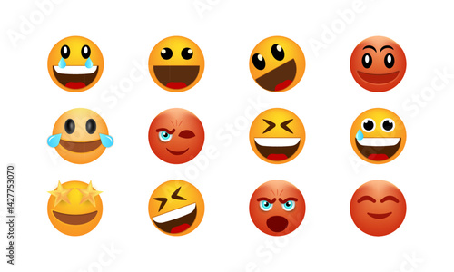 Set of emoticon smile icons. Emotional reactions to animated emojis. This vibrant set of expressive emojis brings a burst of personality and emotion to any digital content.