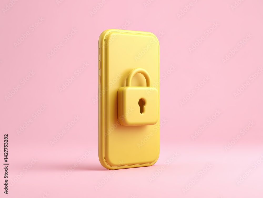 Yellow Smartphone with Padlock on Pink Background 3D Render of Mobile Security
