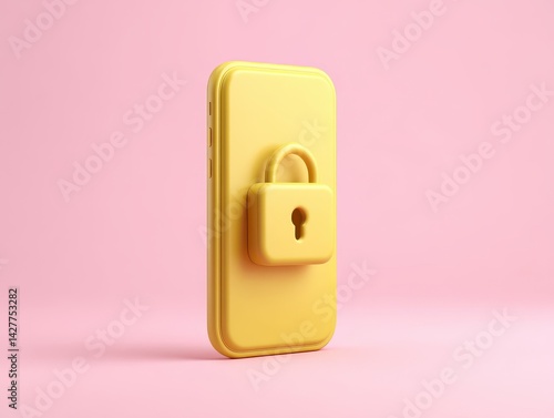 Yellow Smartphone with Padlock on Pink Background 3D Render of Mobile Security