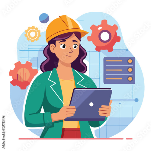 female engineer checks the program and discovers an error. Hand drawn style vector design illustrations vector
