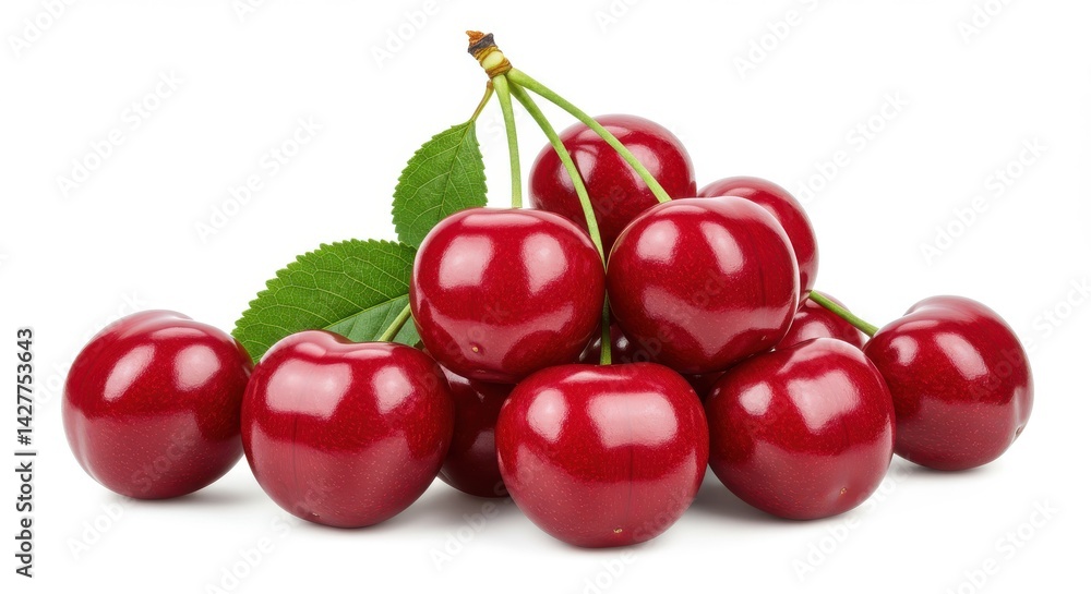 A group of ripe cherries with green stems and leaves isolated against a white background studio shot A group of ripe cherries with green stems and leaves isolated against a white background studio shot