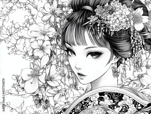 Line art colouring page, anime style geisha wearing a decorated kimono surrounded by flowers, black and white