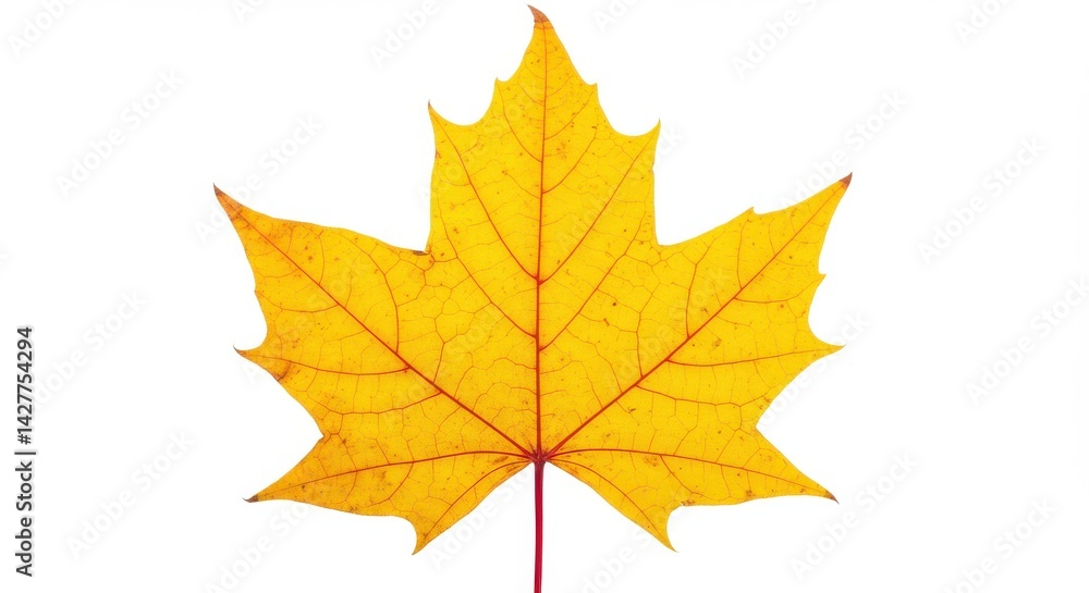 A single yellow maple leaf with red veins isolated on a clean white background in sharp focus A single yellow maple leaf with red veins isolated on a clean white background in sharp focus