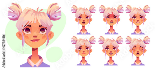 Girl face with different emotions - joy and sadness, fear and surprise, anger and cry. Cartoon female character portrait avatar showing range of feelings through expressive eyes, mouth and eyebrows.