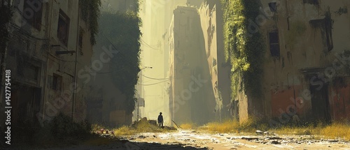 Person walks through a ruined city street with tall buildings and sunlight.
