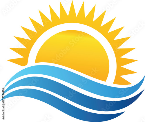 Vector Illustration of a Sun Icon with Stylized Waves in Bright Yellow and Blue Colors Featuring Clean Lines, Minimalist Logo Design, and Cheerful Summer Beach Theme

