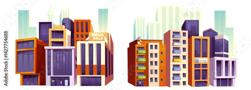 City crossroads illustration - colorful tall modern buildings cluster, business office skyscrapers neighbor apartment houses at downtown intersection. Cartoon city panorama for game background.