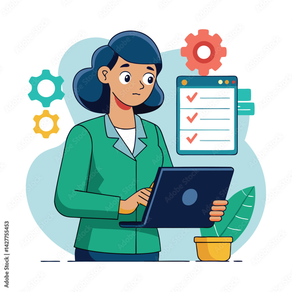 female engineer checks the program and discovers an error. Hand drawn style vector design illustrations vector female engineer checks the program and discovers an error. Hand drawn style vector design illustrations vector