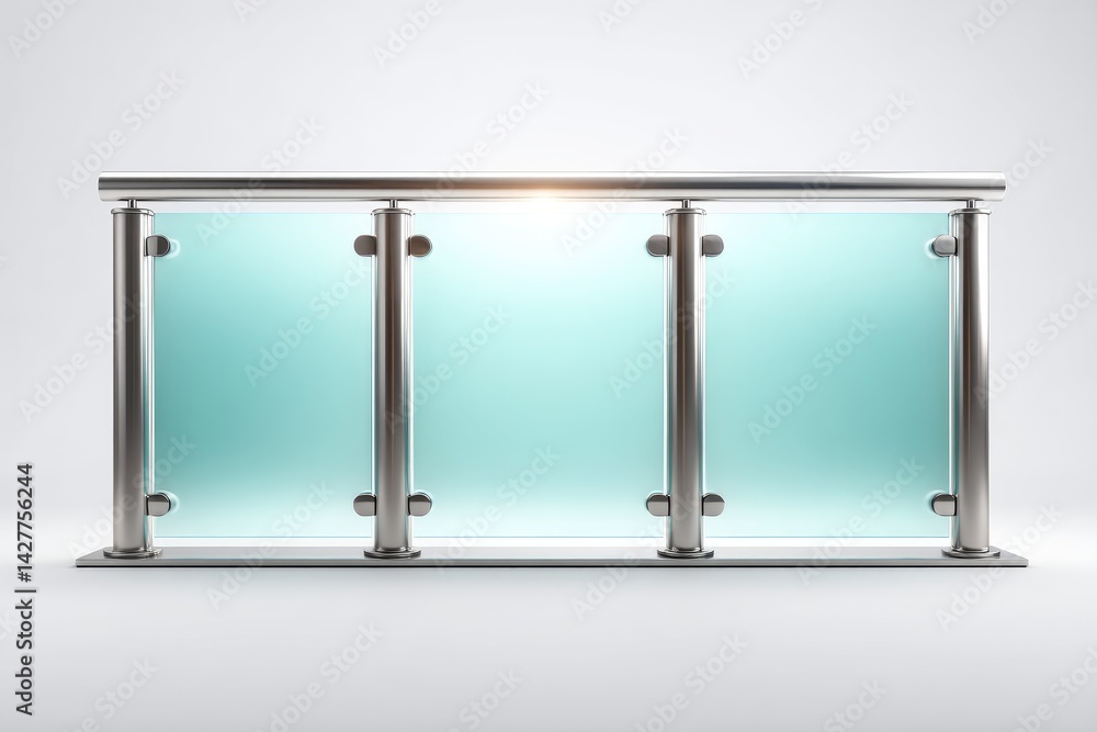 Modern, light teal glass railing system. Modern, light teal glass railing system.