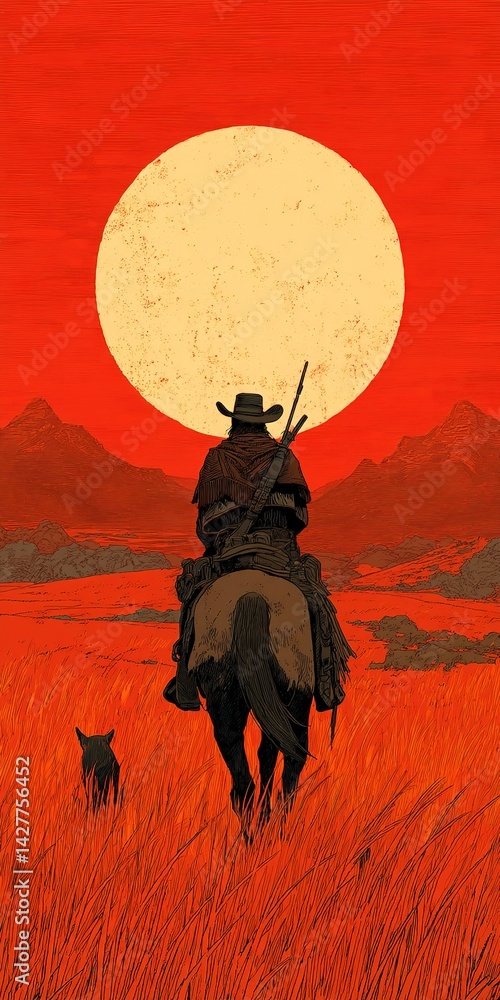 Naklejka premium Cowboy on horseback with dog at sunset in a red landscape.