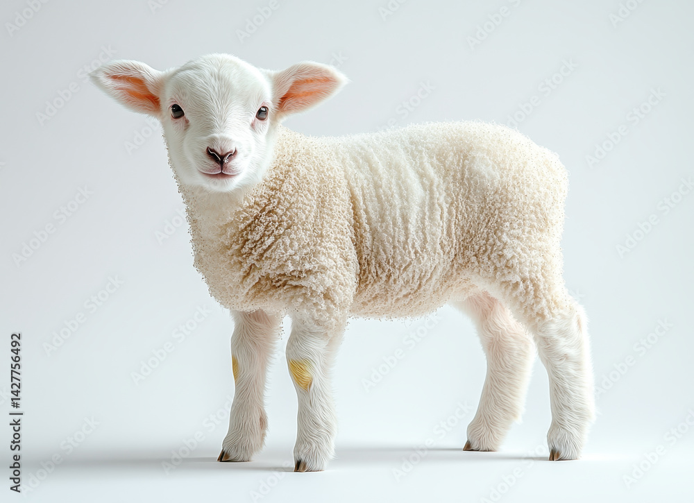 Fototapeta premium Lamb Portrait on White Background Featuring Soft Wool Textures and Detailed Facial Features