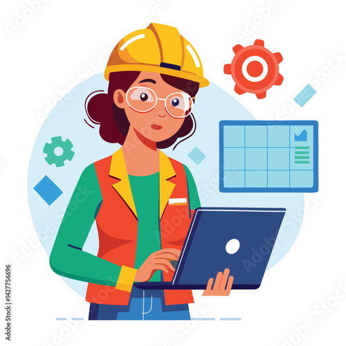 female engineer checks the program and discovers an error. Hand drawn style vector design illustrations vector