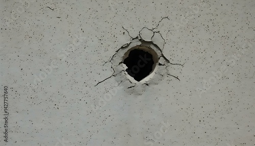 Damaged Cement Wall Surface with Central Drilled Hole Surrounded by Spreading Cracks and Fracture Patterns Indicating Structural Stress