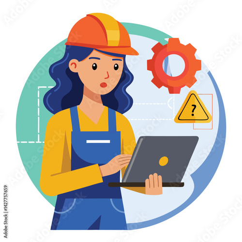 female engineer checks the program and discovers an error. Hand drawn style vector design illustrations vector