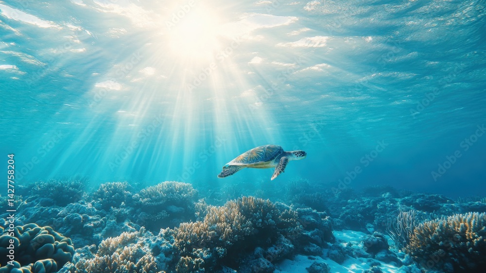 Fototapeta premium Vibrant underwater ecosystem with coral reefs and graceful sea turtle Generative AI