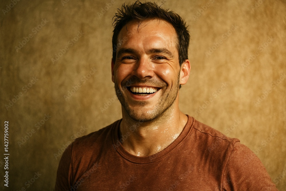 Proud man smiling after success with glow and natural sweat Proud man smiling after success with glow and natural sweat