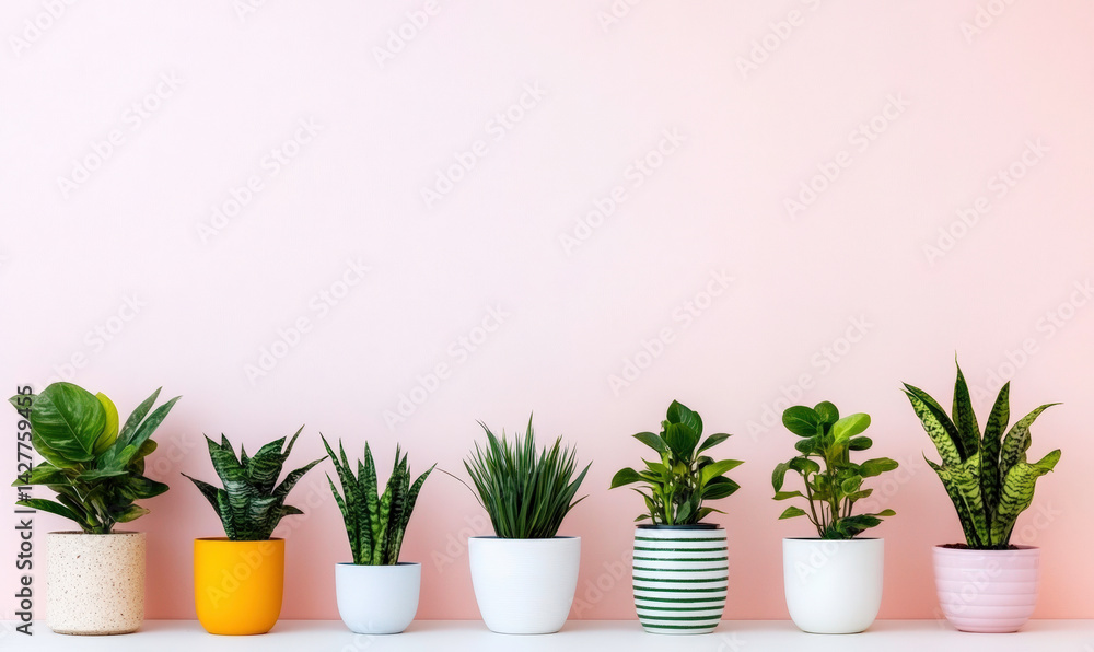 Fototapeta premium Colorful arrangement of indoor plants in various pots against a soft pink background, showcasing greenery and contemporary decor style for home spaces