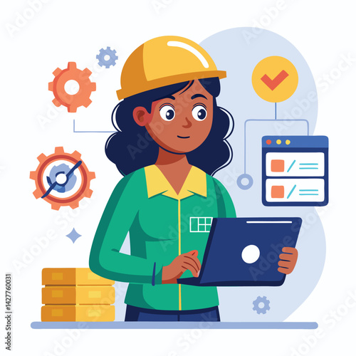 female engineer checks the program and discovers an error. Hand drawn style vector design illustrations.