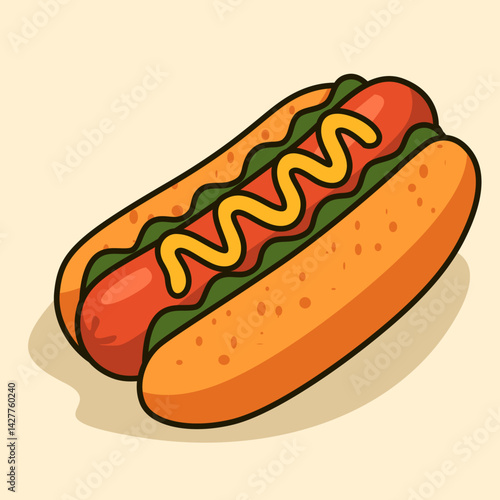 Flat Design Cartoon Hotdog Vector Illustration with Mustard Topping