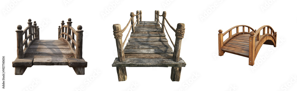 Obraz premium Old wooden decorative bridges in set of angles, cut out transparent