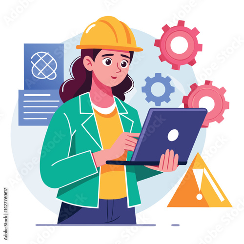 female engineer checks the program and discovers an error. Hand drawn style vector design illustrations.