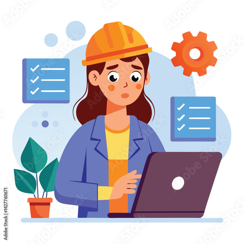 female engineer checks the program and discovers an error. Hand drawn style vector design illustrations.