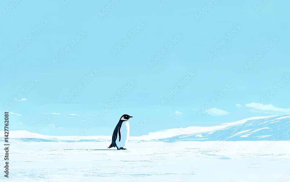 Obraz premium A solitary emperor penguin stands on the vast, icy expanse of Antarctica, surrounded by a serene, blue sky and distant snow-covered mountains, evoking a sense of isolation and beauty