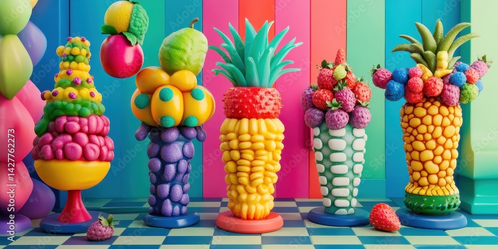 Fototapeta premium Colorful fruit sculptures arranged on a checkerboard surface.