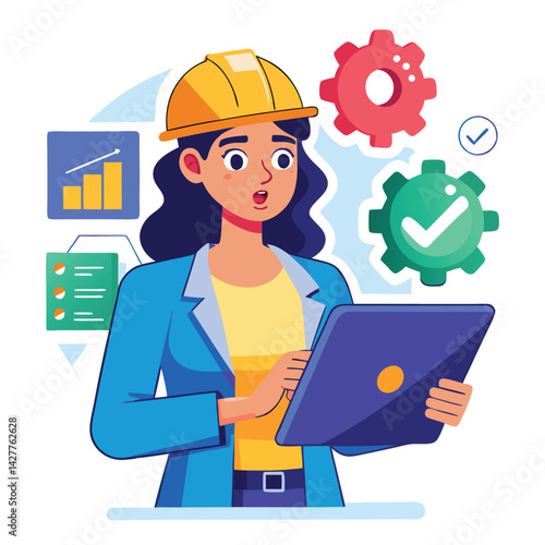 female engineer checks the program and discovers an error. Hand drawn style vector design illustrations.