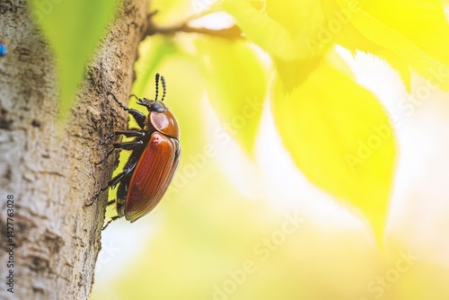 Close-up of a reddish-brown beetle on a tree trunk. photo