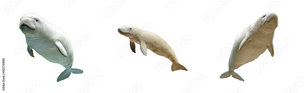 Fototapeta premium Three white beluga whales swim in the depths, cut out transparent