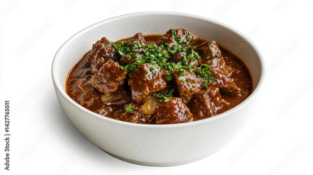 Delicious beef stew recipe in a white bowl garnish with parsley hot eat food meal meat dish rich Delicious beef stew recipe in a white bowl garnish with parsley hot eat food meal meat dish rich