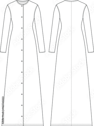 round neck crew neck buttoned long maxi midi a line dress template technical drawing flat sketch cad mockup fashion woman design style model 
